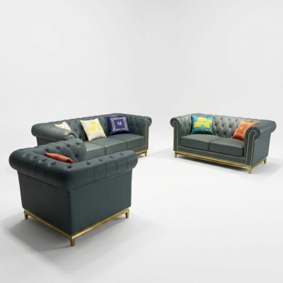 Set di divani Chesterfield per il soggiorno, composto da divano, divano a due posti e poltrona, gruppo di lusso, nuovo.