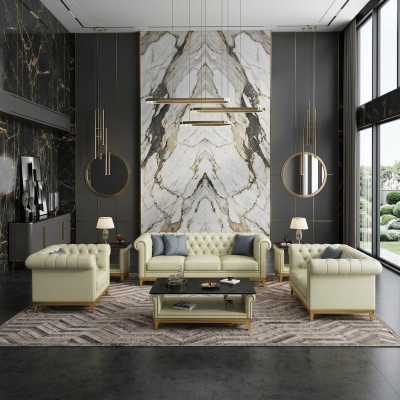Chesterfield Set di divani in pelle 3+2+1: divano letto imbottito.