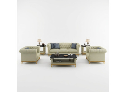 Chesterfield Set di divani in pelle 3+2+1: divano letto imbottito.