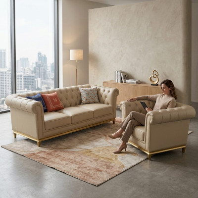 Divano di lusso Beige Set di divani Divani Poltrone 3+1 posti Modello in tessuto