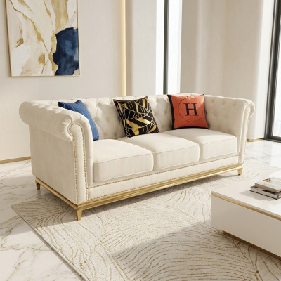 Chesterfield divano in tessuto 3 posti nuovo con cuscini e imbottitura.