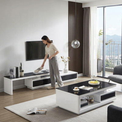Mobile tv bianco e nero con cassettiera di lusso in vetro per il salotto.