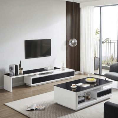 Mobile tv bianco e nero con cassettiera di lusso in vetro per il salotto.