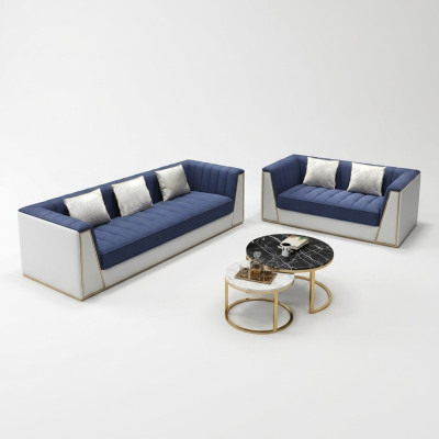 Sofà moderno blu e bianco 3+2 in salotto.