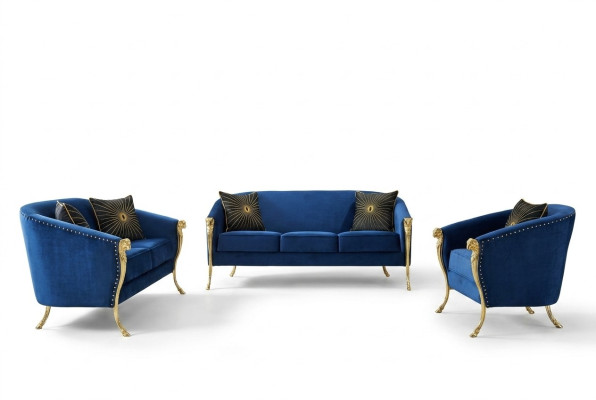 Poltrona imbottita di lusso 3+2+1 posti con seduta blu e gambe dorate Nuova