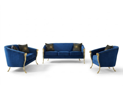 Poltrona imbottita di lusso 3+2+1 posti con seduta blu e gambe dorate Nuova