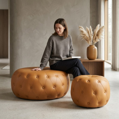 Pouf poggiapiedi Chesterfield rotondo arancione in pelle tessuto 78x35