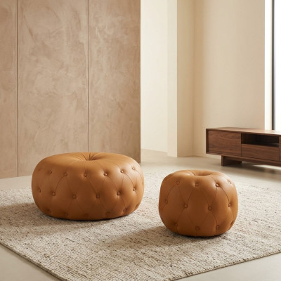 Pouf poggiapiedi Chesterfield rotondo arancione in pelle tessuto 78x35