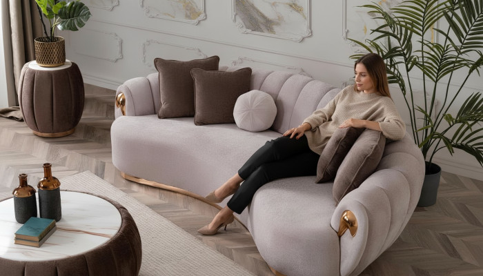 Divano di lusso Big Couch Divano rotondo Divani xxl Sedute imbottite Tessuto 263cm Grigio