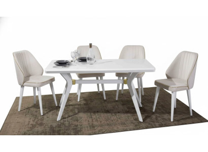 Set di sedie di design di lusso bianco 4x. Mobili in acciaio inossidabile e legno.