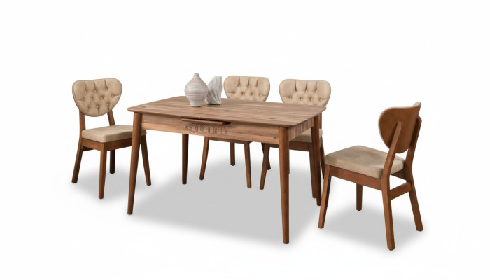 Beige set da pranzo di lusso con 4 sedie Chesterfield nuove.