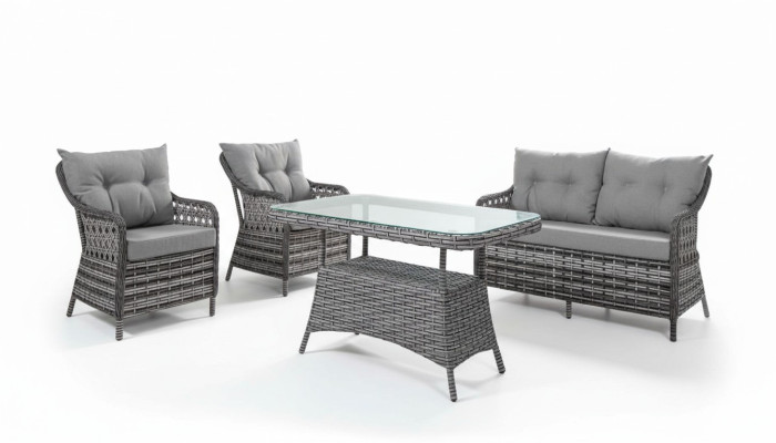 Mobili da giardino moderni Set di divani di lusso Tavolo Pouf Poltrona Gruppo di sedute