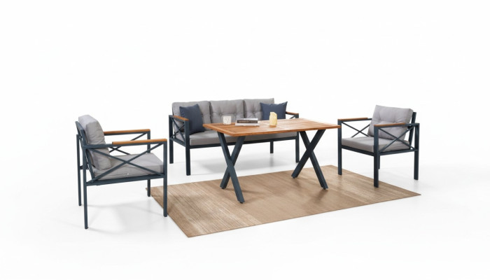 Set da giardino moderno grigio composto da poltrona, poggiapiedi e tavolo, 4 pezzi per il portico.