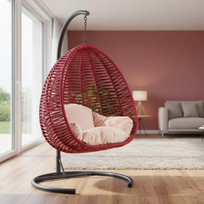 Poltrona ovale in rattan rosso con base in acciaio inossidabile per un confortevole relax. Nuova