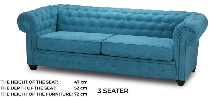 Set di divani Chesterfield in tessuto blu turchese 3+2+1
