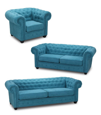 Set di divani Chesterfield in tessuto blu turchese 3+2+1