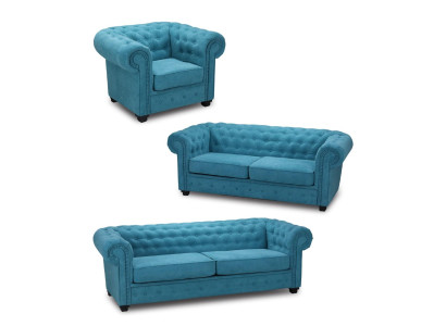 Set di divani Chesterfield in tessuto blu turchese 3+2+1
