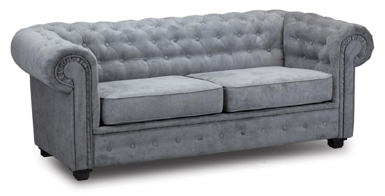 Divano Chesterfield grigio imbottito in tessuto a due posti.