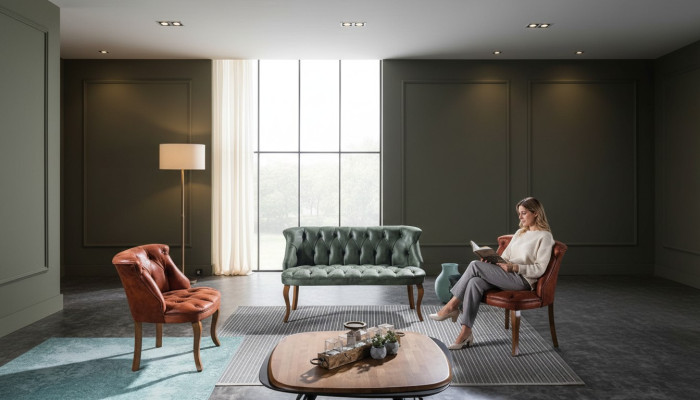 Moderno divano Chesterfield in ecopelle, mobili, divano a due posti, poltrona in stile