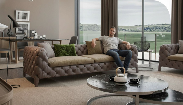 Chesterfield divano a 4 posti color grigio talpa Moderno Nuovo.