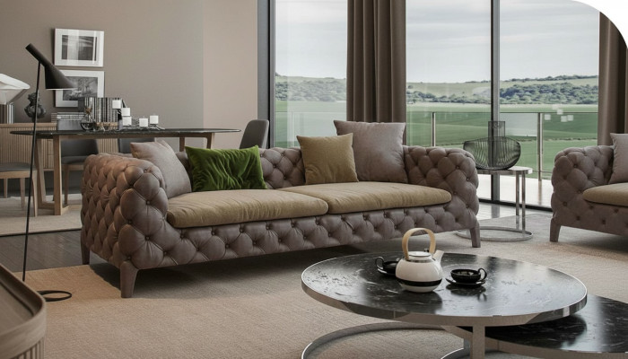Chesterfield divano a 4 posti color grigio talpa Moderno Nuovo.
