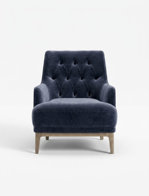 Sedia Chesterfield esclusiva blu, una singola poltrona con struttura in legno.