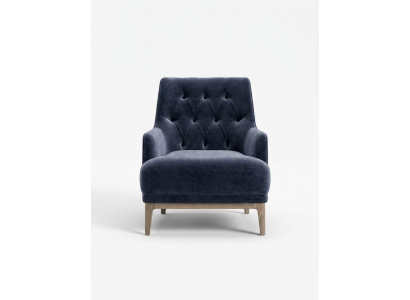 Sedia Chesterfield esclusiva blu, una singola poltrona con struttura in legno.