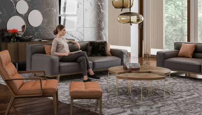 Marrone salotto set di sedili lussuoso divano a 3 posti poltrona Stivloller pouf imbottito