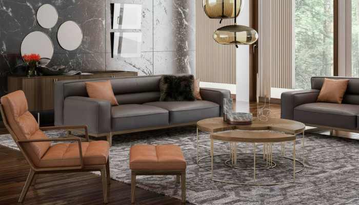 Marrone salotto set di sedili lussuoso divano a 3 posti poltrona Stivloller pouf imbottito