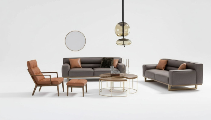 Marrone salotto set di sedili lussuoso divano a 3 posti poltrona Stivloller pouf imbottito