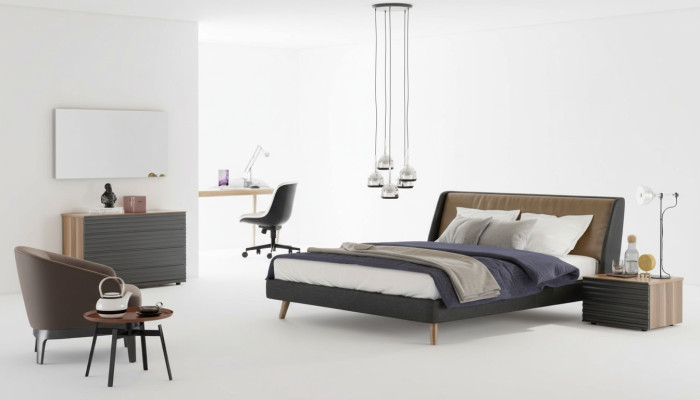 Set da camera da letto, struttura del letto, comodini, comò, specchio, mobili in legno.