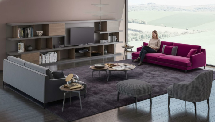 Grande set di divani grigi in soggiorno di lusso a 3+2+1 posti con pouf, 4 pezzi nuovi