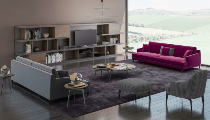 Grande set di divani grigi in soggiorno di lusso a 3+2+1 posti con pouf, 4 pezzi nuovi