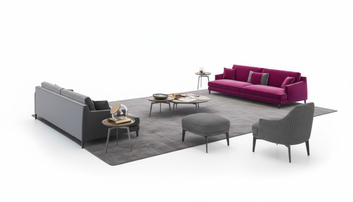 Grande set di divani grigi in soggiorno di lusso a 3+2+1 posti con pouf, 4 pezzi nuovi