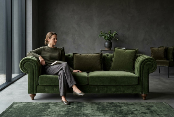 Verde Chesterfield in tessuto a tre posti divano di lusso stile divani soggiorno.