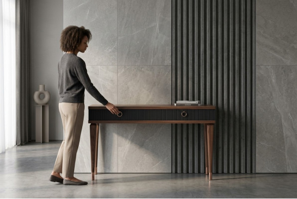 Modern console table with drawers in luxurious natural walnuts - Anthracite.