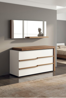 Comò di lusso bianco con specchio, design moderno in noce naturale nuovo.