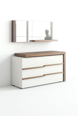 Comò di lusso bianco con specchio, design moderno in noce naturale nuovo.