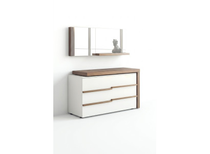 Comò di lusso bianco con specchio, design moderno in noce naturale nuovo.
