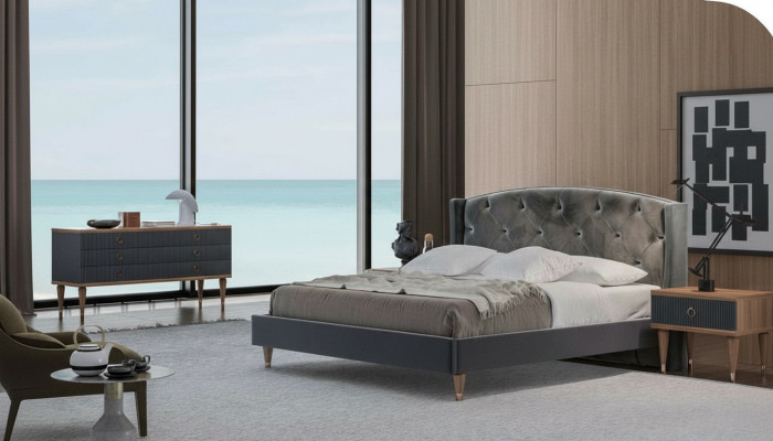 Grigio set di lusso per camera da letto con letto matrimoniale, 2 comodini e cassettiera.