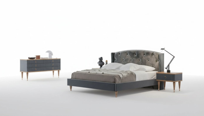 Grigio set di lusso per camera da letto con letto matrimoniale, 2 comodini e cassettiera.