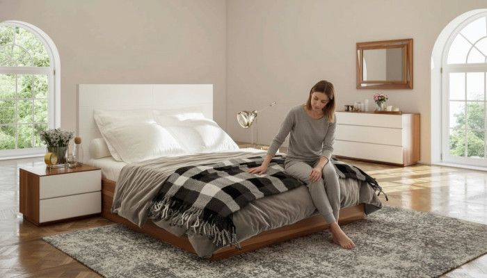 Set camera da letto bianco-marrone con mobili in legno di lusso, letto, comodini, comò