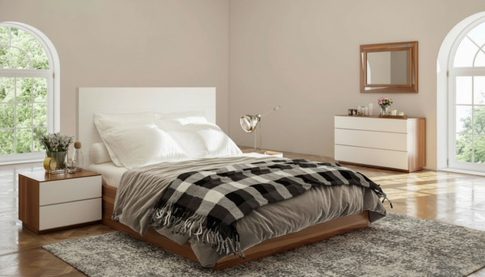 Set camera da letto bianco-marrone con mobili in legno di lusso, letto, comodini, comò