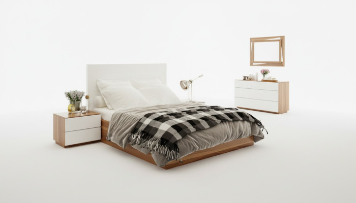 Set camera da letto bianco-marrone con mobili in legno di lusso, letto, comodini, comò