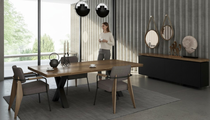 Set di mobili da sala da pranzo tavolo sedie focolare noce naturale - Antracite opaco  Set di mobili da sala da pranzo con tavolo, sedie e focolare in noce naturale - Antracite opaco