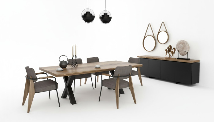 Set di mobili da sala da pranzo tavolo sedie focolare noce naturale - Antracite opaco  Set di mobili da sala da pranzo con tavolo, sedie e focolare in noce naturale - Antracite opaco