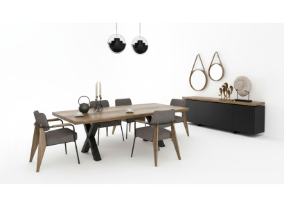 Set di mobili da sala da pranzo tavolo sedie focolare noce naturale - Antracite opaco  Set di mobili da sala da pranzo con tavolo, sedie e focolare in noce naturale - Antracite opaco