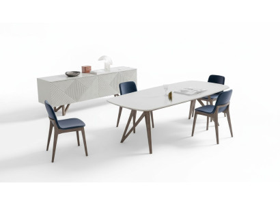 Set da pranzo moderno, set da pranzo bianco con credenza e spazio di archiviazione.