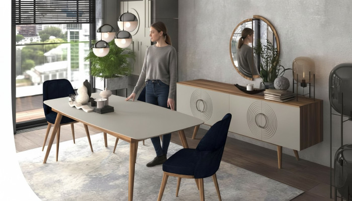 Gruppo di sedie di lusso con tavolo, mobili da sala da pranzo moderni con set da pranzo.