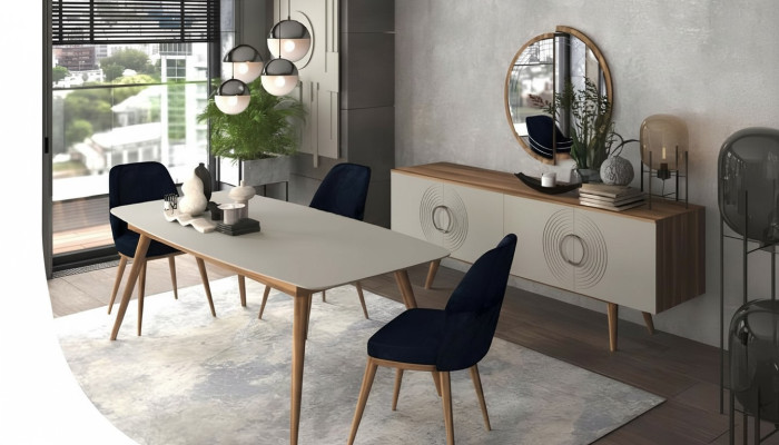 Gruppo di sedie di lusso con tavolo, mobili da sala da pranzo moderni con set da pranzo.